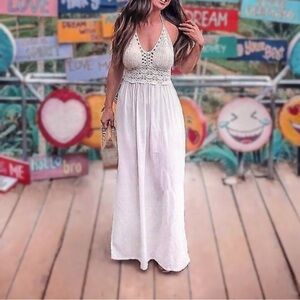 Elegant White Crochet Halter Maxi Dress